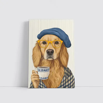 Golden Retriever Dog With Coffee Beret Glasses