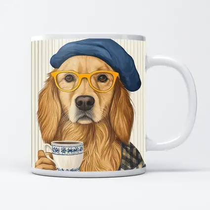 Golden Retriever Dog With Coffee Beret Glasses