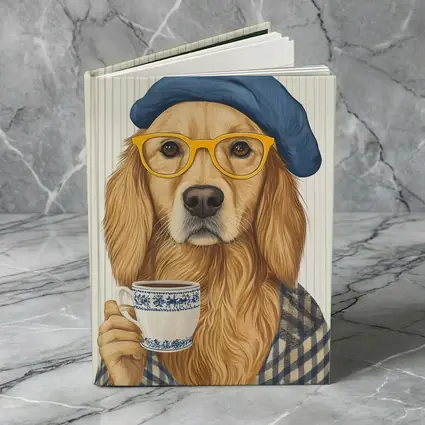 Golden Retriever Dog With Coffee Beret Glasses