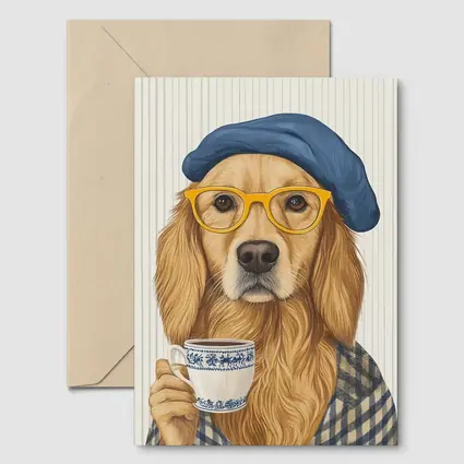 Golden Retriever Dog With Coffee Beret Glasses