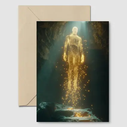 Golden Light Being Ascending In Dark Cave
