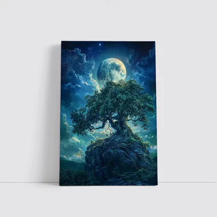 Ancient Oak Tree Moonlit Fantasy Night Sky