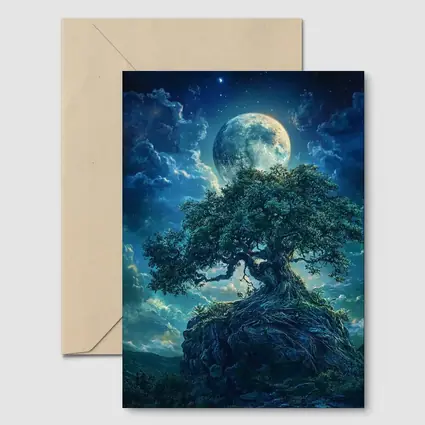 Ancient Oak Tree Moonlit Fantasy Night Sky