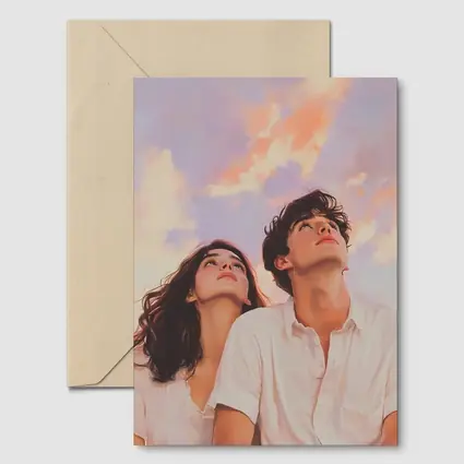 Young Couple Gazing Up Pastel Sky