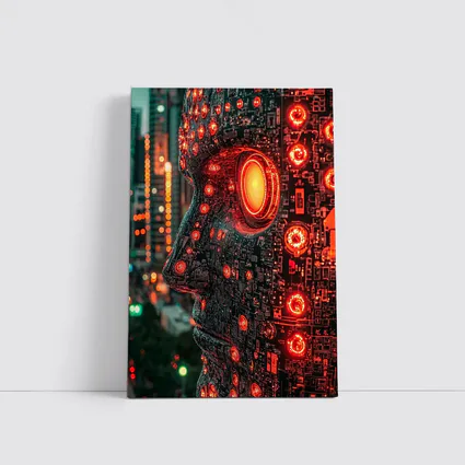 Cyberpunk AI Robot Head City Night