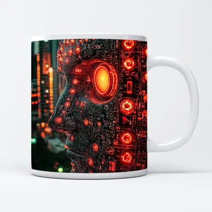 Cyberpunk AI Robot Head City Night
