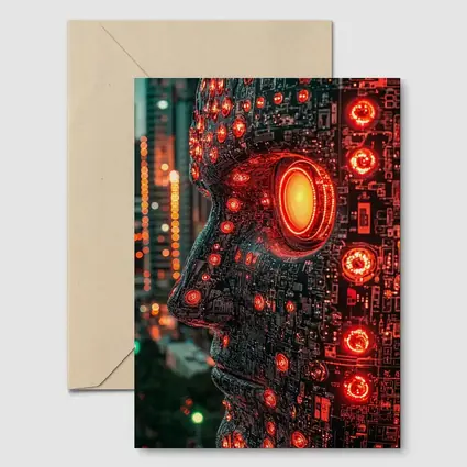 Cyberpunk AI Robot Head City Night