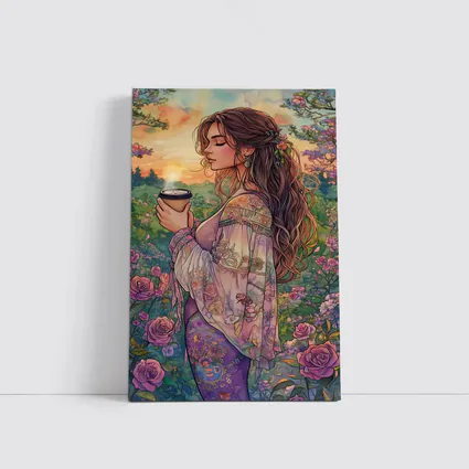 Boho Woman With Coffee Among Garden Roses