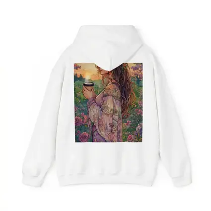 Boho Woman With Coffee Among Garden Roses