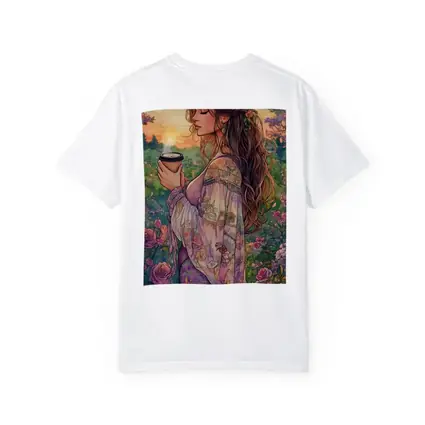 Boho Woman With Coffee Among Garden Roses