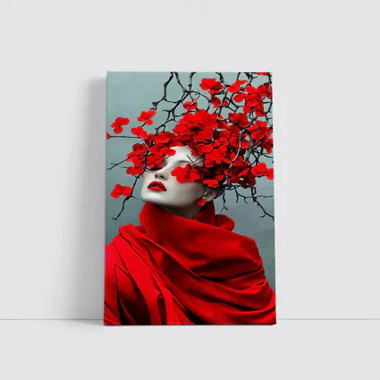 Woman Red Flowers Dark Branches Gray Background