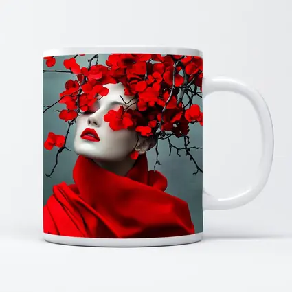 Woman Red Flowers Dark Branches Gray Background