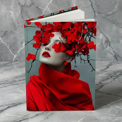 Woman Red Flowers Dark Branches Gray Background