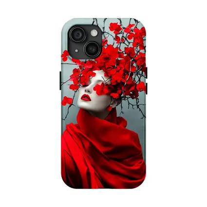 Woman Red Flowers Dark Branches Gray Background