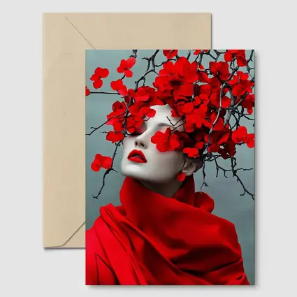 Woman Red Flowers Dark Branches Gray Background