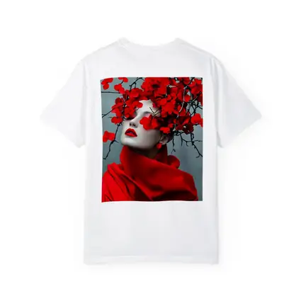 Woman Red Flowers Dark Branches Gray Background