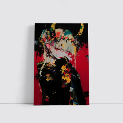 Anime Girl Horns Floral Dark Red Background