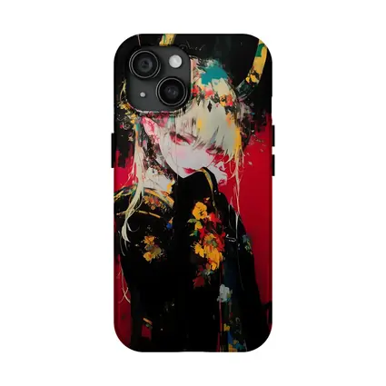 Anime Girl Horns Floral Dark Red Background