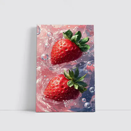 Two Red Strawberries Floating In Pink Water