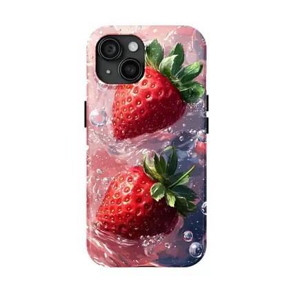Two Red Strawberries Floating In Pink Water