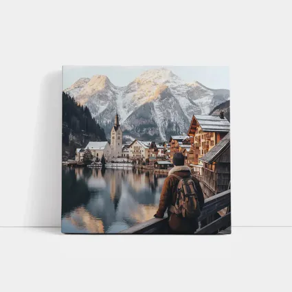 Traveler Overlooking Hallstatt Alpine Lake Village