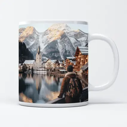 Traveler Overlooking Hallstatt Alpine Lake Village
