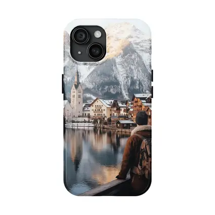 Traveler Overlooking Hallstatt Alpine Lake Village