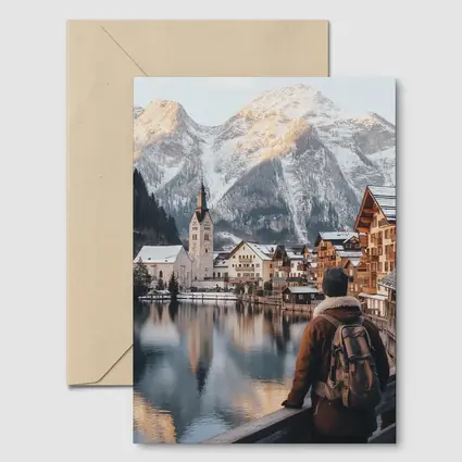 Traveler Overlooking Hallstatt Alpine Lake Village
