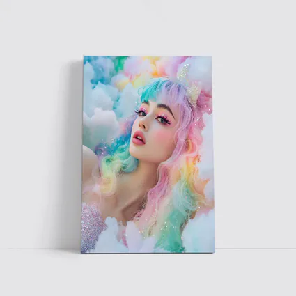 Pastel Rainbow Hair Woman Fluffy Clouds Fantasy