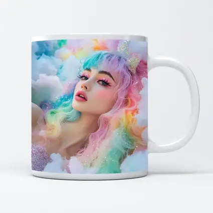 Pastel Rainbow Hair Woman Fluffy Clouds Fantasy