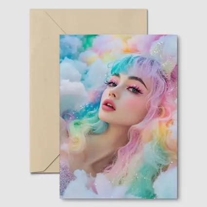Pastel Rainbow Hair Woman Fluffy Clouds Fantasy