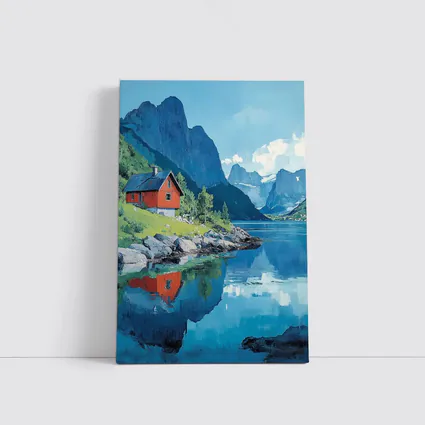 Red Cabin Norwegian Fjord Oil Painting