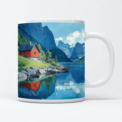 Red Cabin Norwegian Fjord Oil Painting