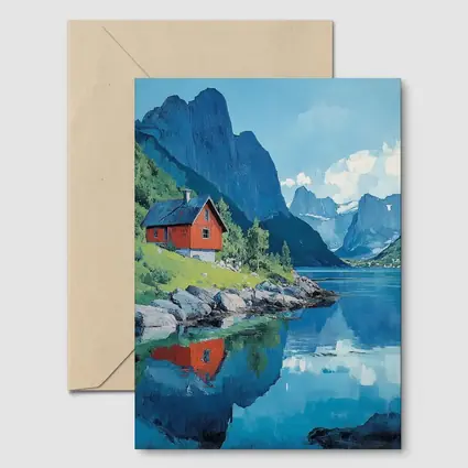 Red Cabin Norwegian Fjord Oil Painting