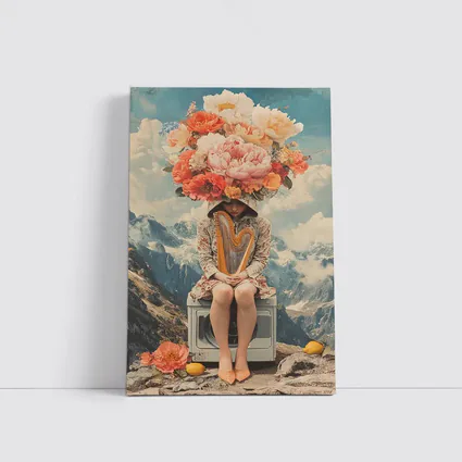 Floral Head Woman Harp Mountain Collage