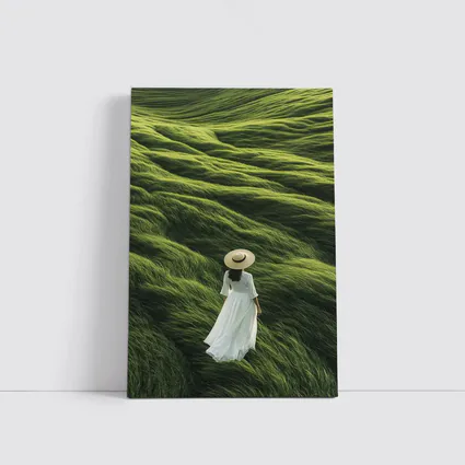 Woman White Dress Walking Green Grass Hills