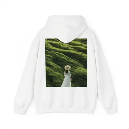 Woman White Dress Walking Green Grass Hills