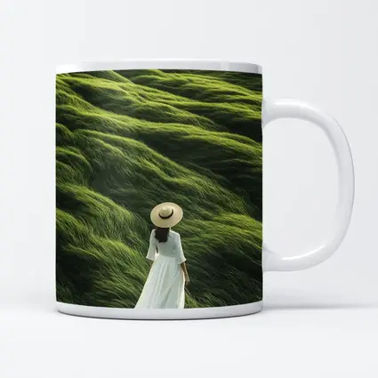 Woman White Dress Walking Green Grass Hills