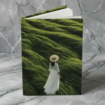 Woman White Dress Walking Green Grass Hills