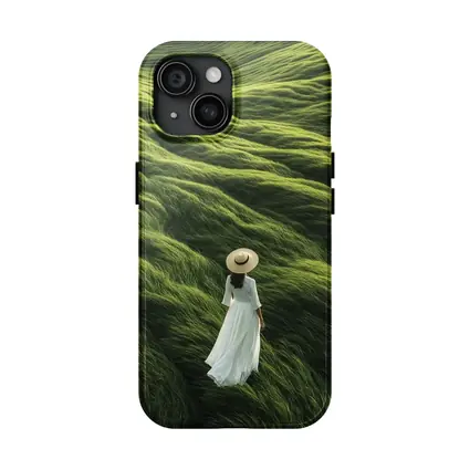 Woman White Dress Walking Green Grass Hills