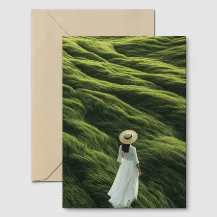 Woman White Dress Walking Green Grass Hills