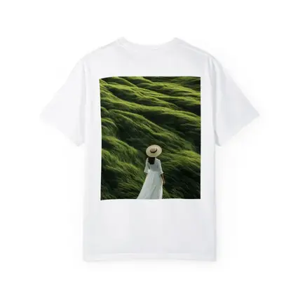 Woman White Dress Walking Green Grass Hills
