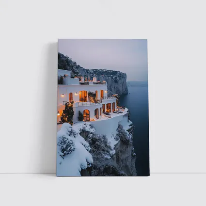 White Cliffside Villa Snowy Winter Sea View