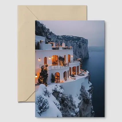 White Cliffside Villa Snowy Winter Sea View