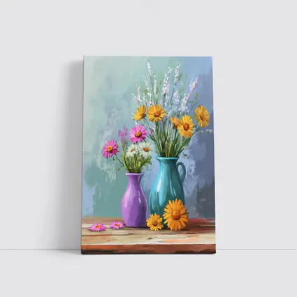 Daisies and Wildflowers in Colorful Vases