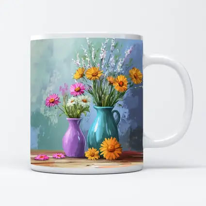 Daisies and Wildflowers in Colorful Vases