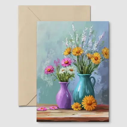 Daisies and Wildflowers in Colorful Vases