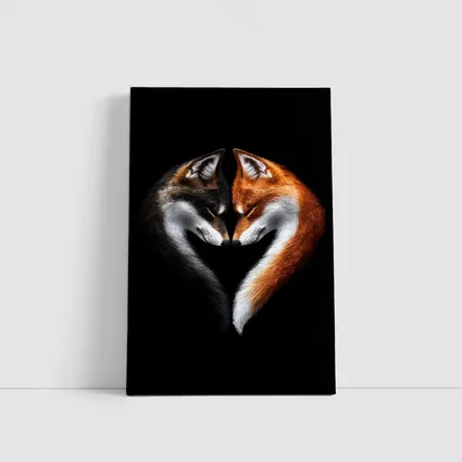 Two Foxes Heart Shape Black Background