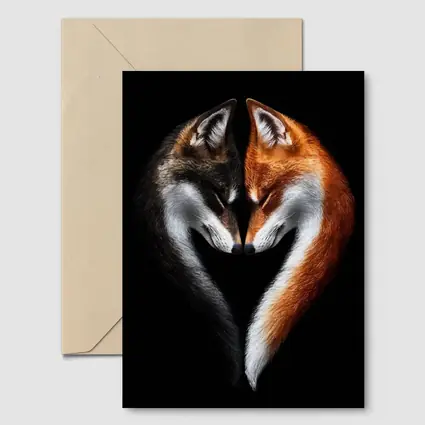 Two Foxes Heart Shape Black Background