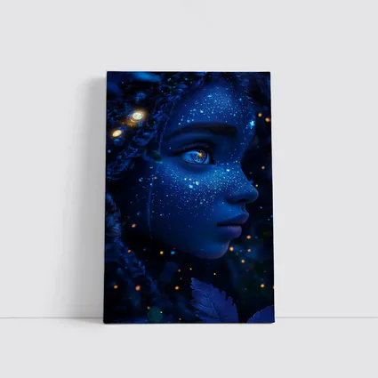 Blue Cosmic Fantasy Woman Portrait Glowing Stars